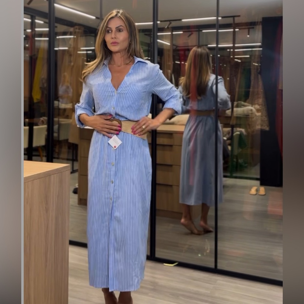 Zara Blue and White Striped Midi Shirt Dress